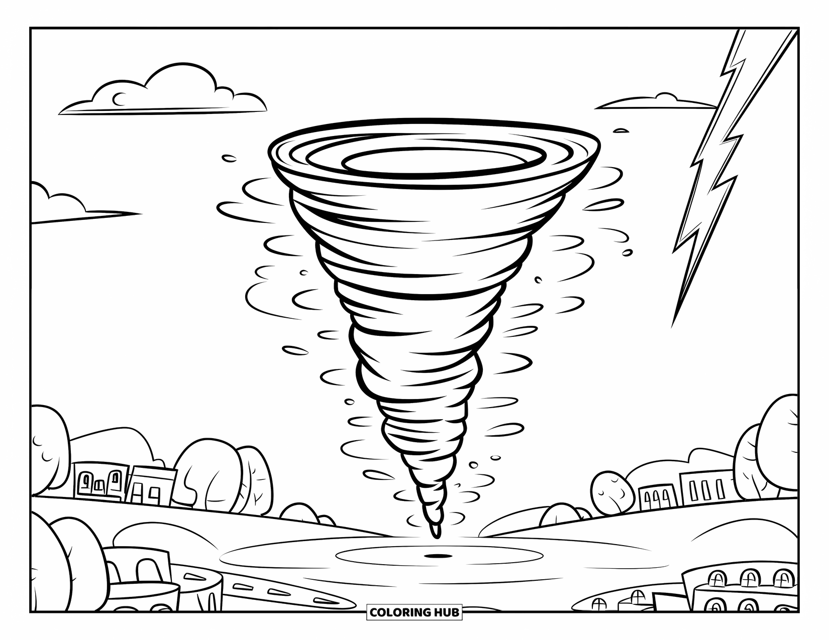 Tornado Coloring Page for Kids: A floating tornado drifts below a sky with one cloud and a lightning bolt nearby