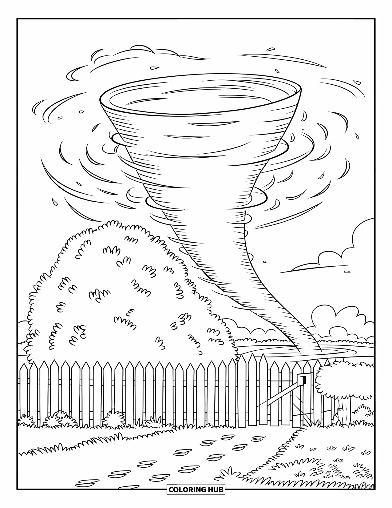 Tornado Coloring Page for Kids: A funnel-shaped tornado swirls near a bush and fence under a clear, open sky