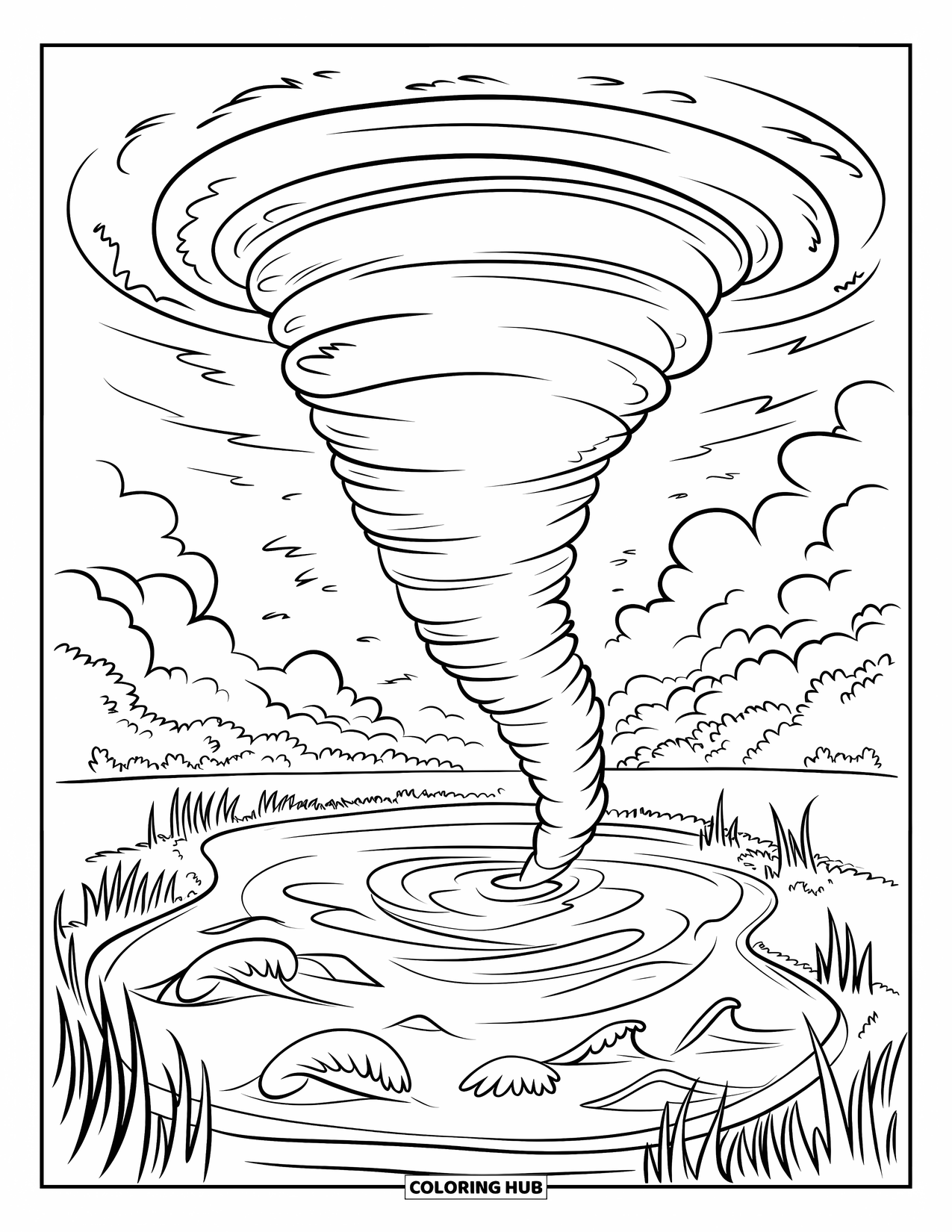Tornado Coloring Page for Kids: A funnel-shaped tornado swirls near a windy lake with waves and scattered trees around