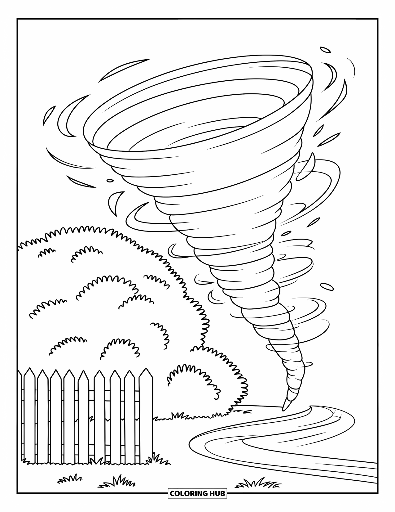 Tornado Coloring Page for Kids: A gentle tornado with swirling lines moves past a bush and wooden picket fence
