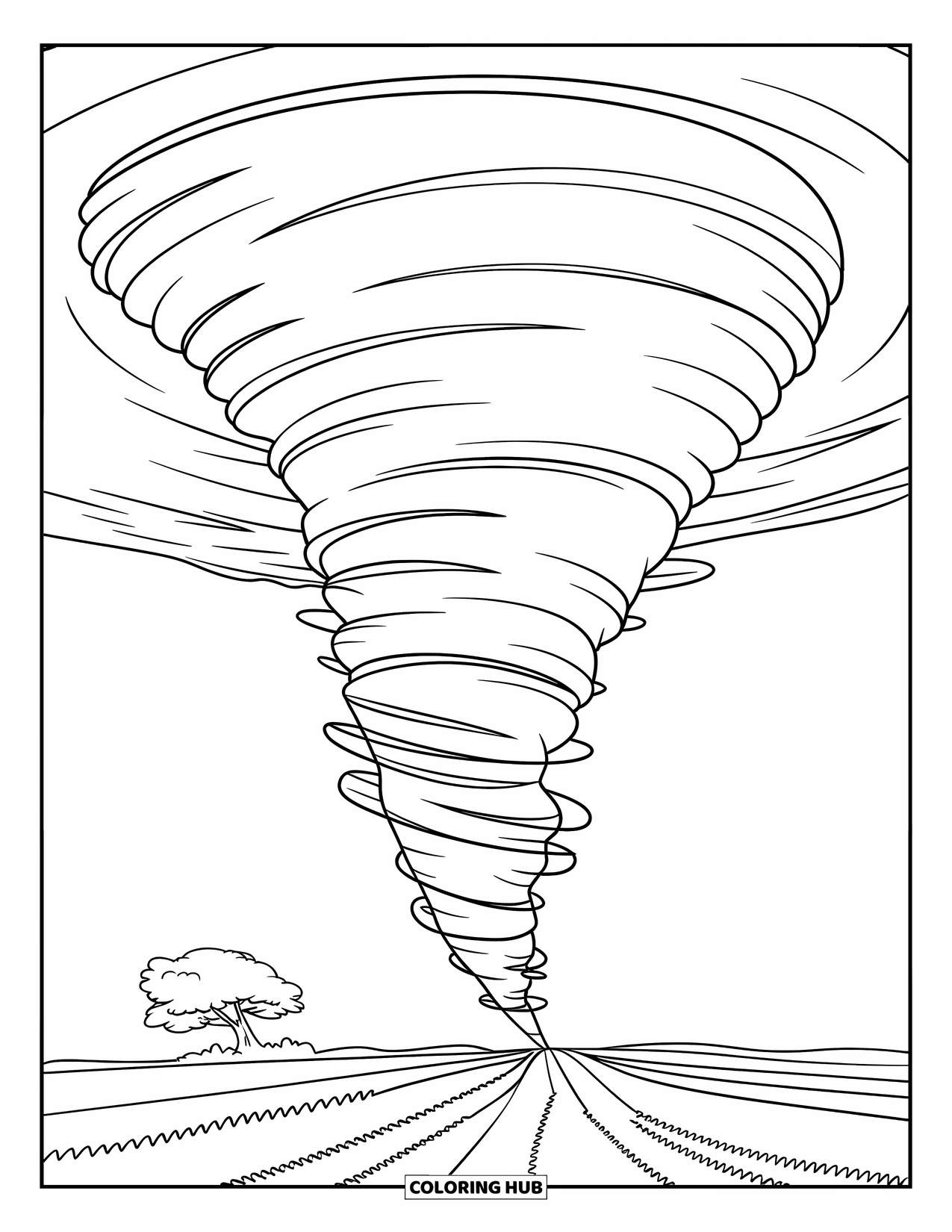 Tornado Coloring Page for Kids: A large spiral tornado touches down in a flat field beside a single tree
