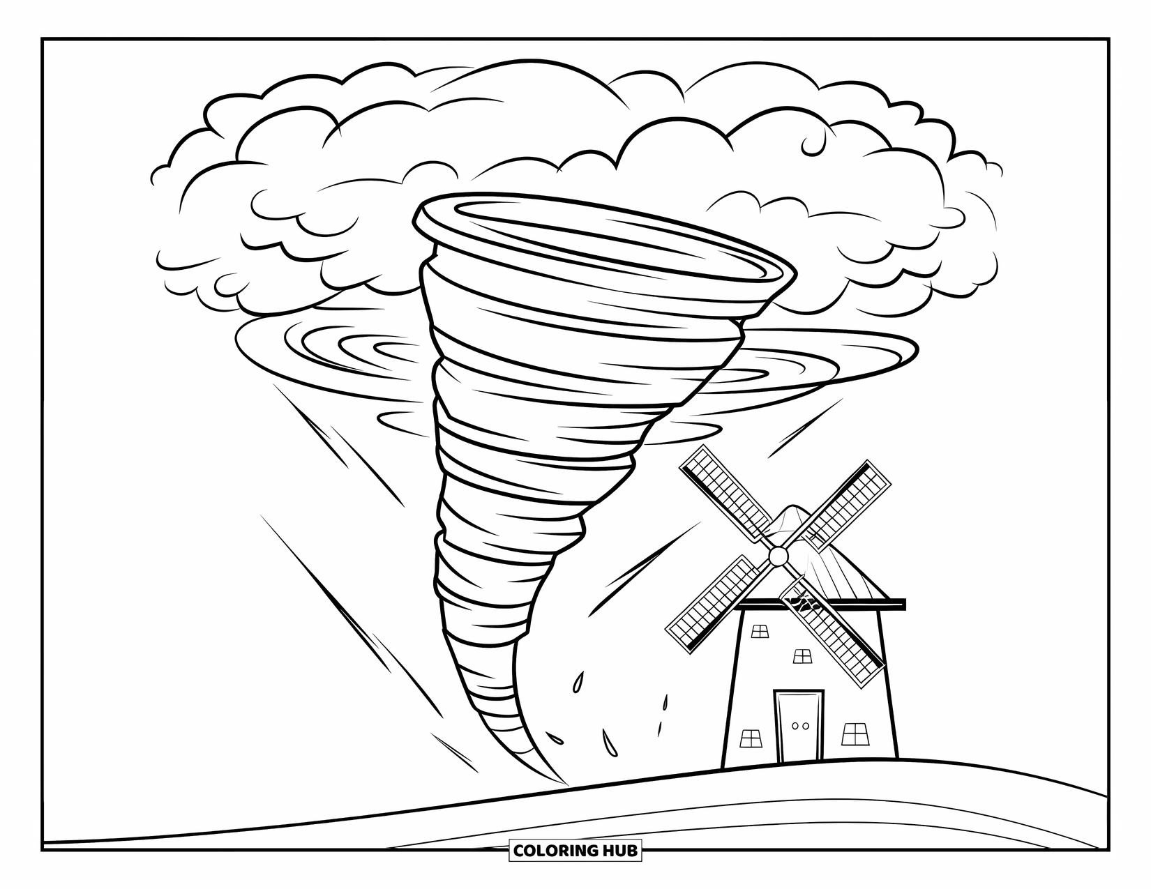 Tornado Coloring Page for Kids: A playful tornado spins near a small windmill under big clouds and a cheerful sky