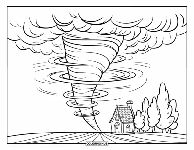Tornado Coloring Page for Kids: A single tornado swirls near a small cottage with trees in a wide open field