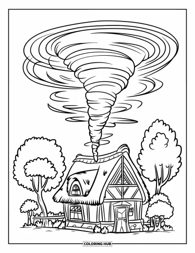 Tornado Coloring Page for Kids: A small tornado swirls above a cozy house with a thatched roof and trees nearby