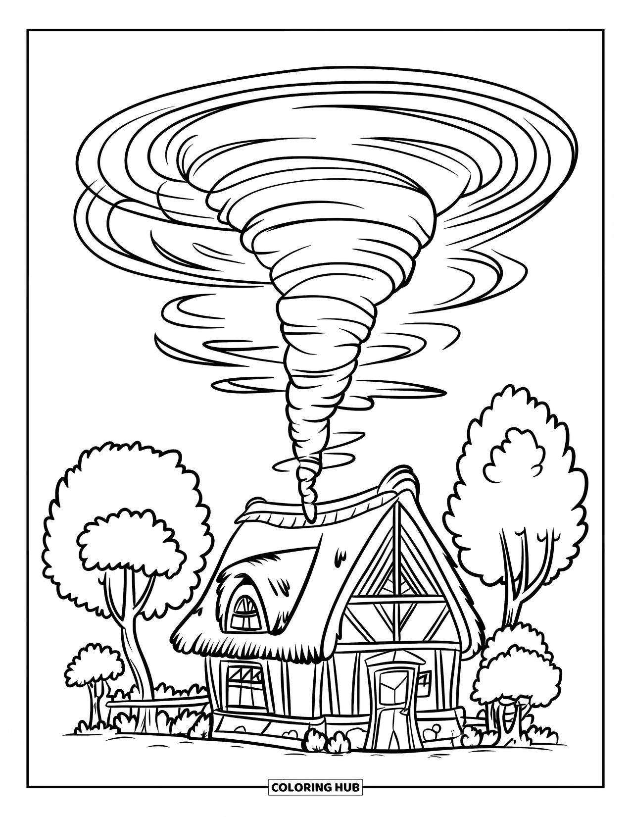 Tornado Coloring Page for Kids: A small tornado swirls above a cozy house with a thatched roof and trees nearby
