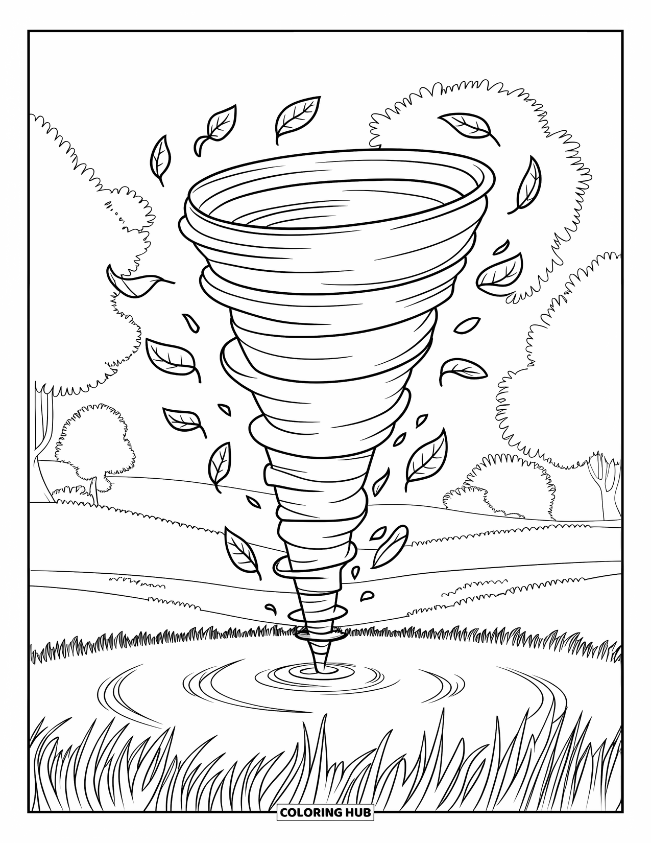 Tornado Coloring Page for Kids: A spiral tornado swirls in a field with tall grass and leaves blowing around