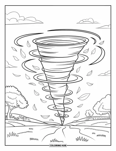 Tornado Coloring Page for Kids: A spiral tornado swirls in a field with trees, leaves, and a few floating bits of debris
