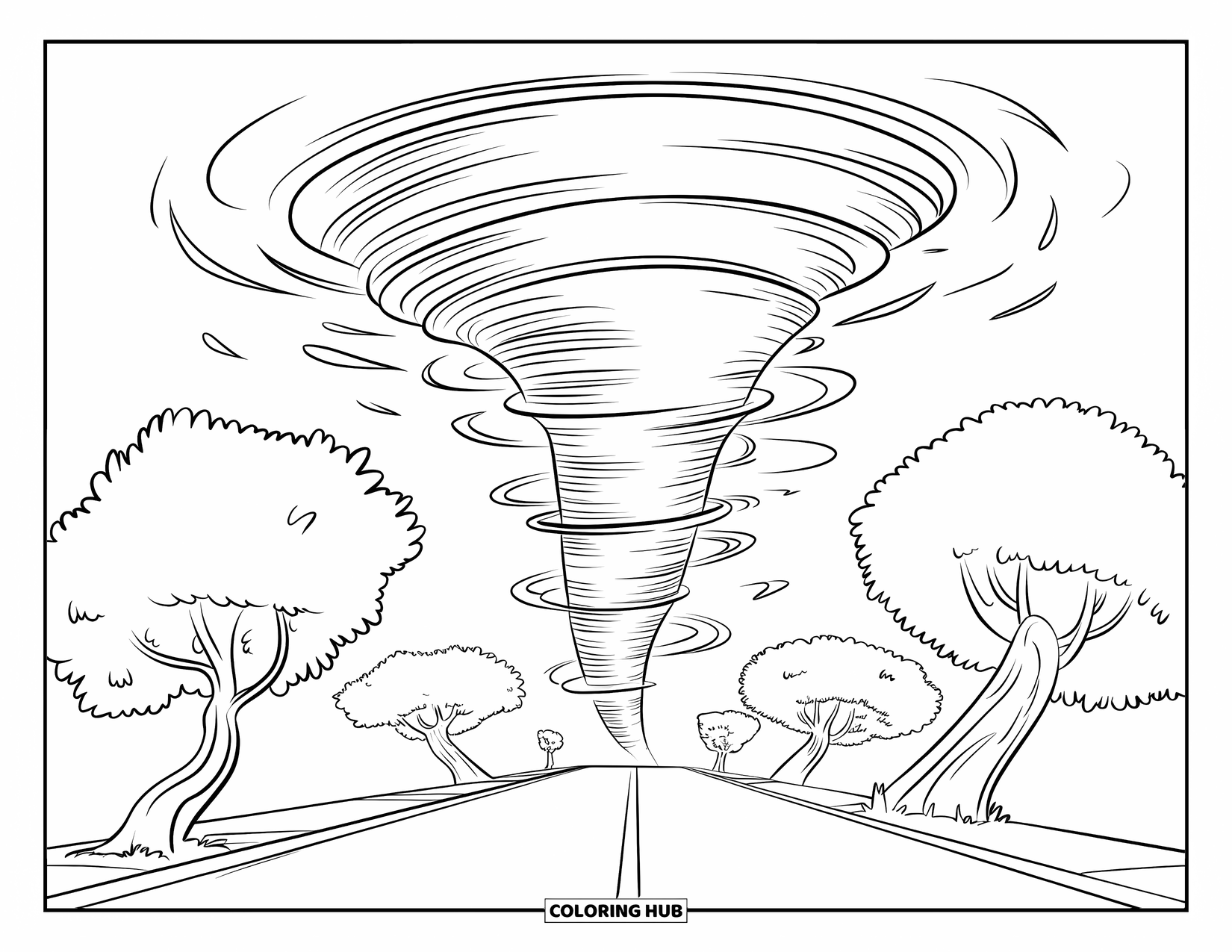 Tornado Coloring Page for Kids: A spiral tornado twists through a quiet street with leaning trees all around