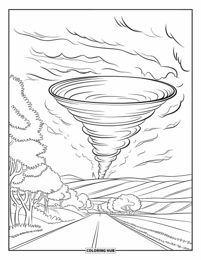 Tornado Coloring Page for Kids: A swirling funnel cloud forms over a country road lined with trees and rolling hills