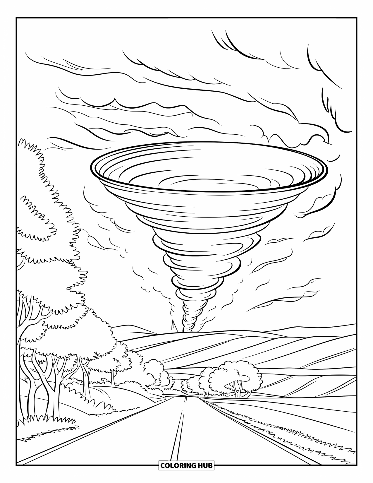 Tornado Coloring Page for Kids: A swirling funnel cloud forms over a country road lined with trees and rolling hills