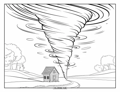Tornado Coloring Page for Kids: A swirling tornado encircles a cottage set in a calm landscape with trees and hills