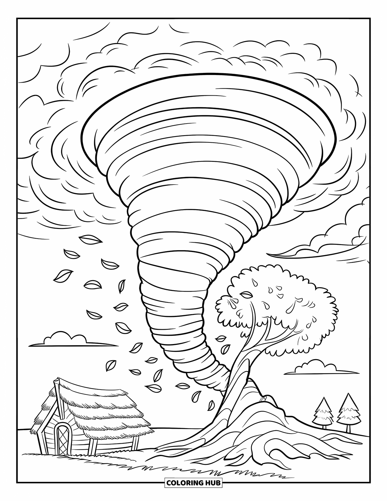 Tornado Coloring Page for Kids: A swirling tornado lifts leaves from a tree next to a small cabin under cloudy skies