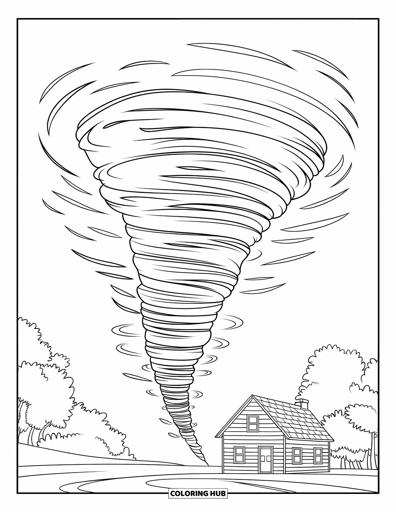 Tornado Coloring Page for Kids: A swirling tornado moves beside a farmhouse surrounded by trees under a clear sky