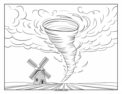 Tornado Coloring Page for Kids: A swirling tornado moves past a windmill in a wide open field