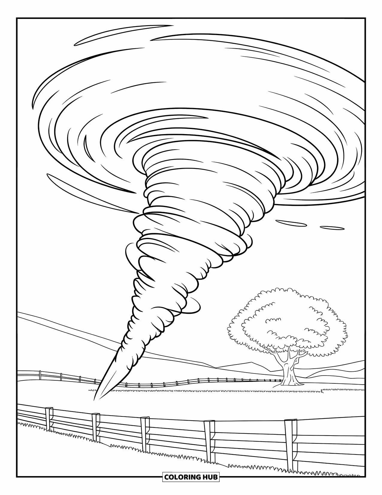 Tornado Coloring Page for Kids: A swirling tornado spins in a fenced field with one tree near its path