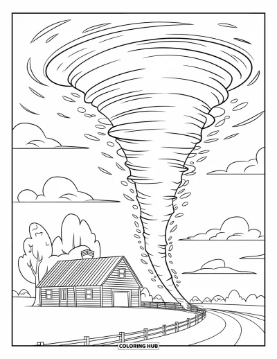 Tornado Coloring Page for Kids: A tiny tornado swirls beside a farmhouse with trees and a fence under a cloudy sky