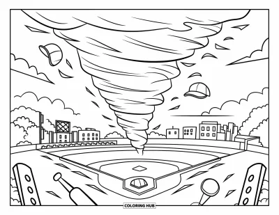 Tornado Coloring Page for Kids: A tornado picks up bats and caps near a ball field, with trees and buildings behind