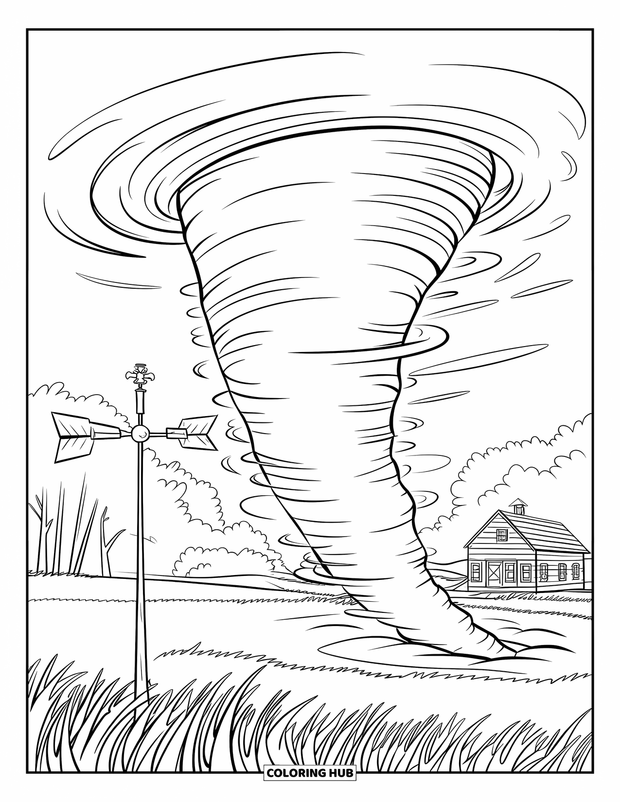 Tornado Coloring Page for Kids: A tornado spins across a farm with tall grass and a wind vane in the breeze