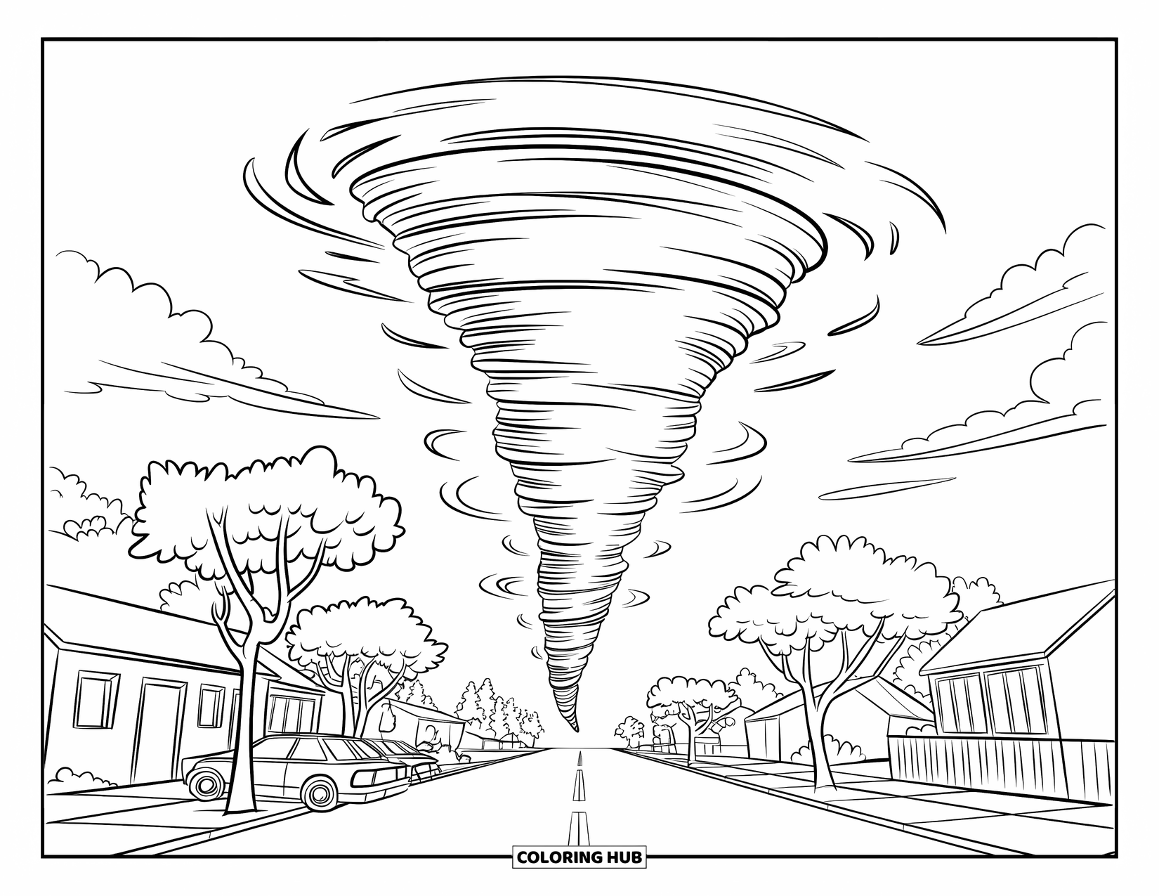 Tornado Coloring Page for Kids: A tornado spins along a street with houses, cars, and a few scattered clouds above