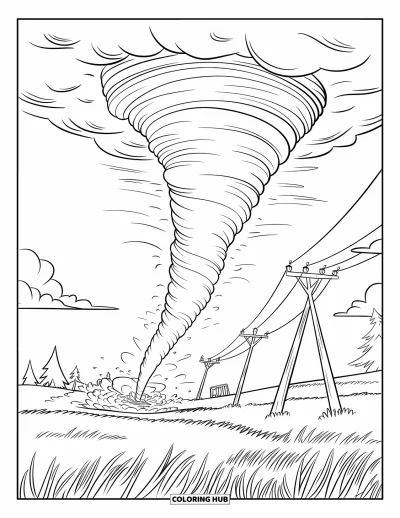 Tornado Coloring Page for Kids: A tornado spins near tall grass and trees with tilted poles and wires nearby