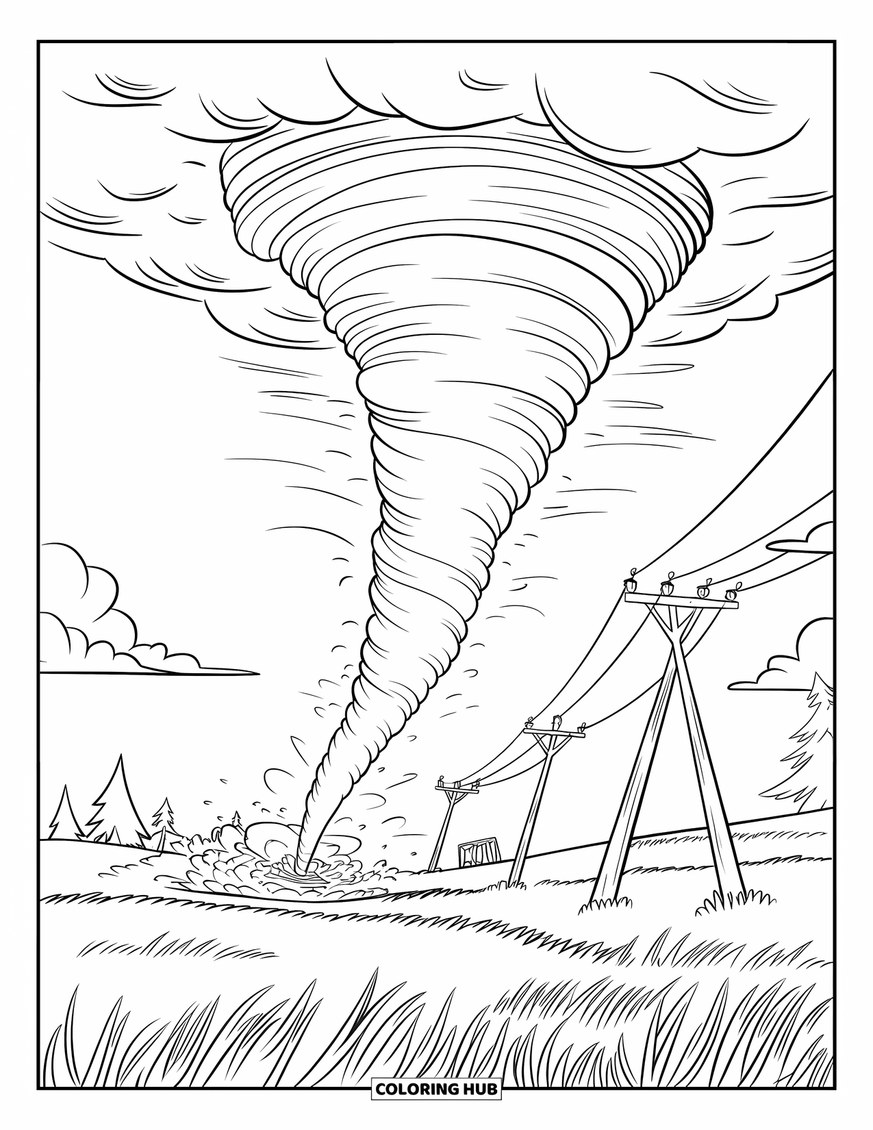 Tornado Coloring Page for Kids: A tornado spins near tall grass and trees with tilted poles and wires nearby