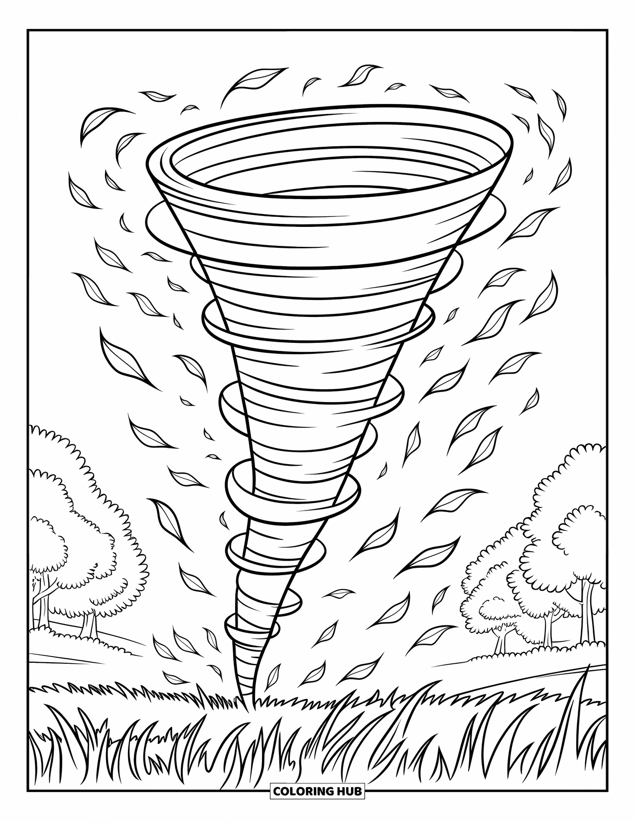 Tornado Coloring Page for Kids: A tornado spirals gently in a grassy field with trees and scattered leaves