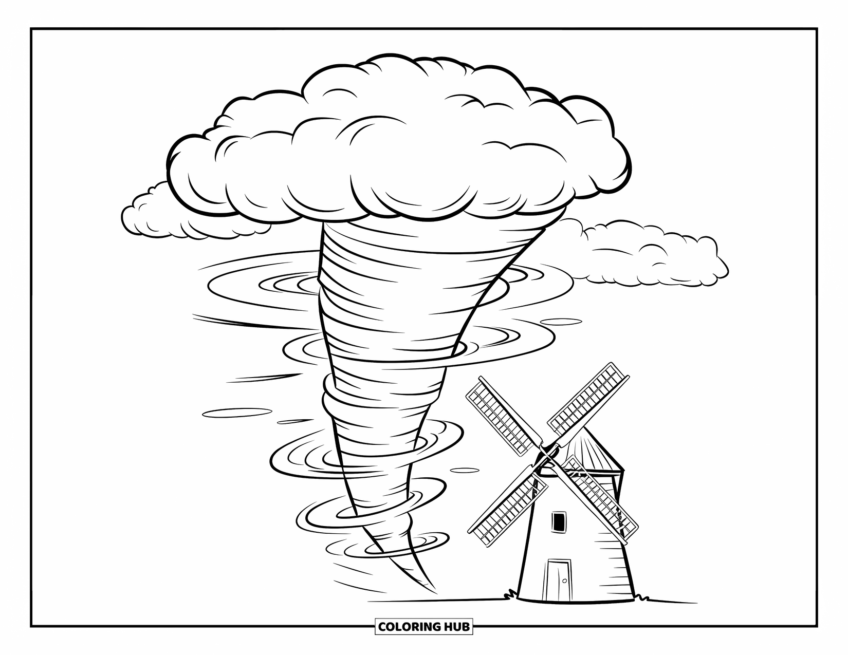 Tornado Coloring Page for Kids: A tornado spirals near a windmill with big fluffy clouds above