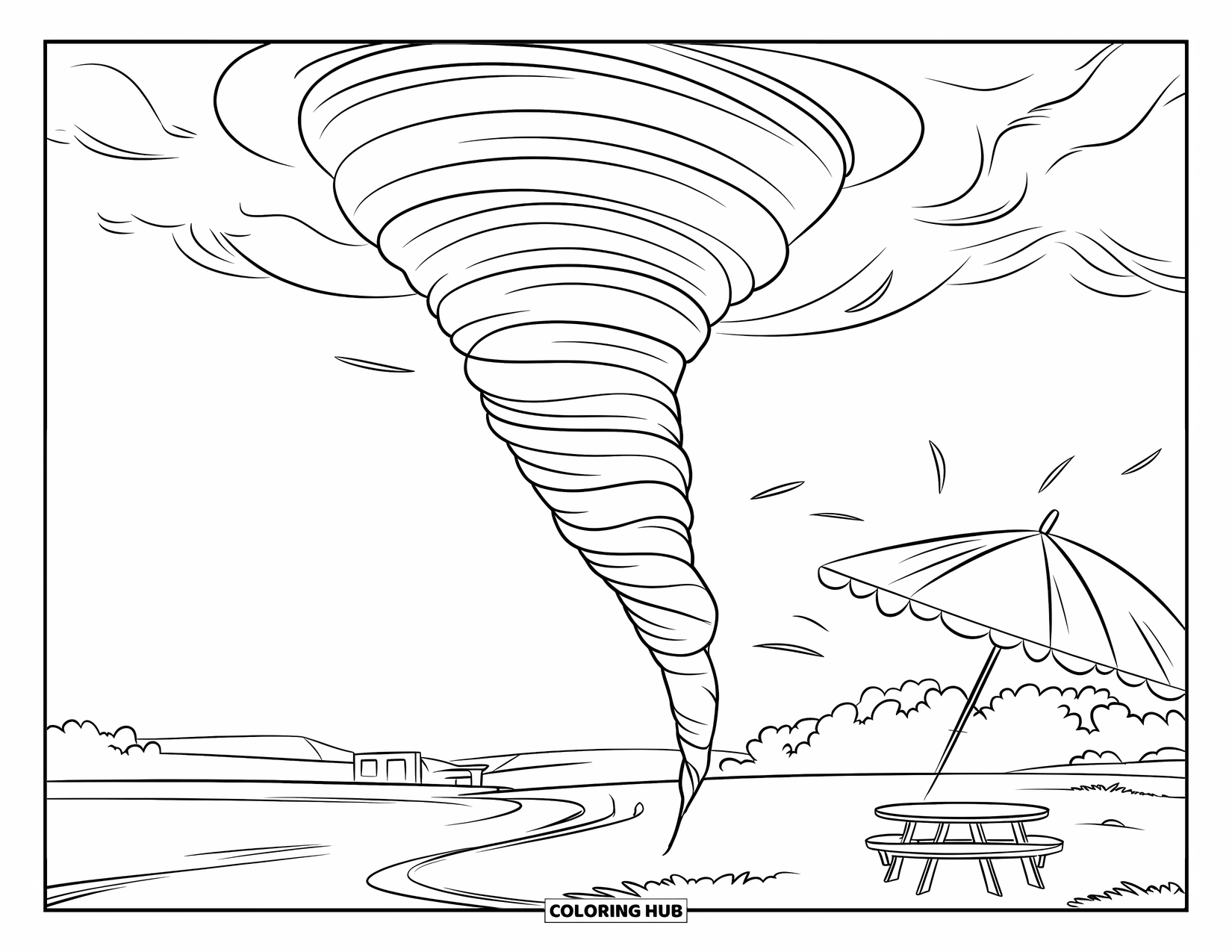 Tornado Coloring Page for Kids: A tornado swirls beside a picnic table and chairs, blowing an umbrella away