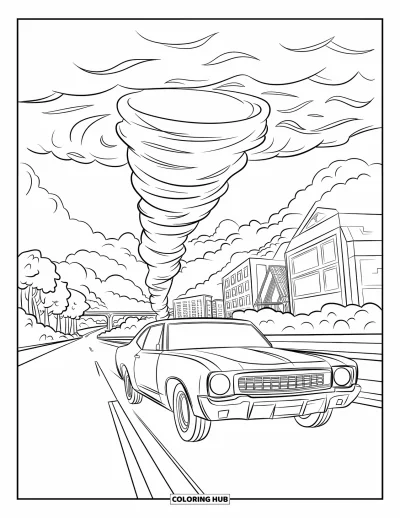 Tornado Coloring Page for Kids: A tornado swirls in the distance while a car speeds past trees, buildings, and a bridge