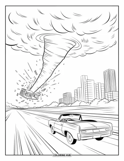 Tornado Coloring Page for Kids: A tornado tosses debris as a convertible speeds down the highway past tall buildings