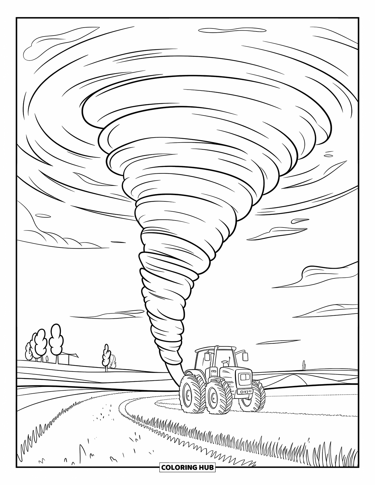 Tornado Coloring Page for Kids: A tornado touches down near a tractor in an open field beneath a sky with soft clouds