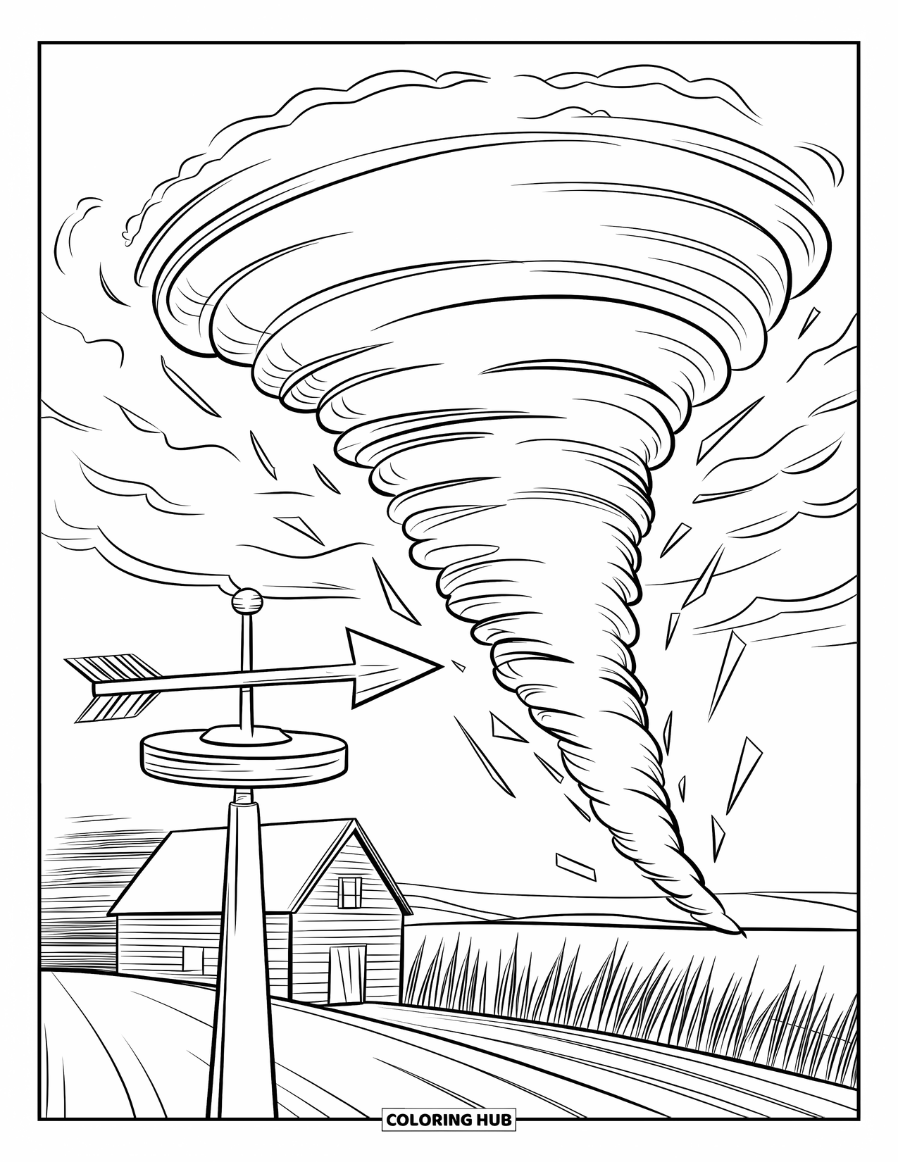 Tornado Coloring Page for Kids: A tornado twists near a farmhouse with tall grass and a pointed wind vane