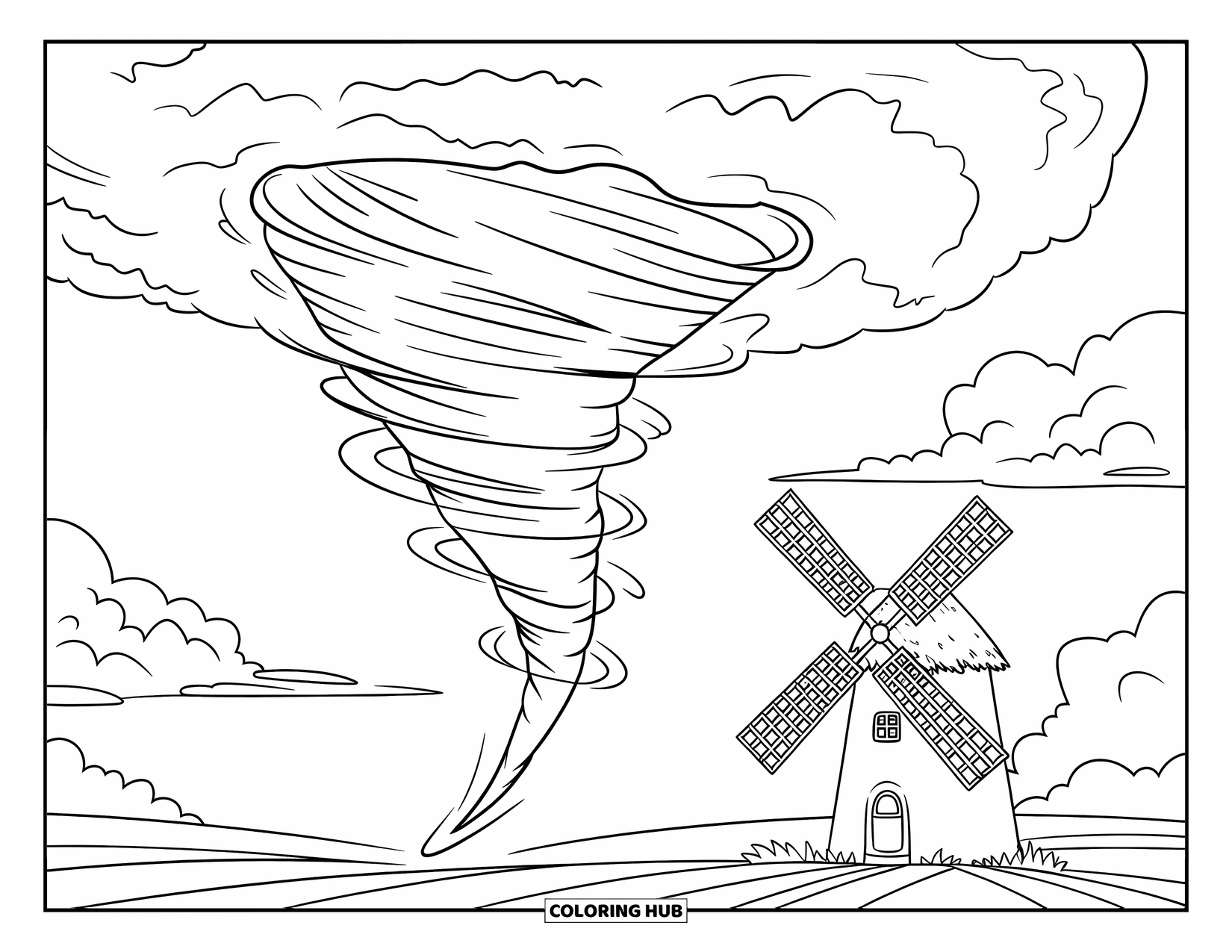 Tornado Coloring Page for Kids: A tornado twists near a small windmill with three sails and fluffy clouds overhead
