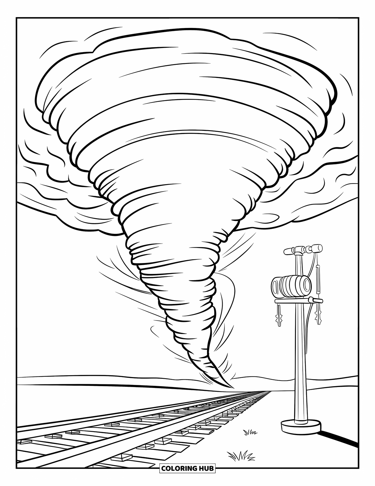 Tornado Coloring Page for Kids: A tornado twists near train tracks with a weather siren standing watch nearby