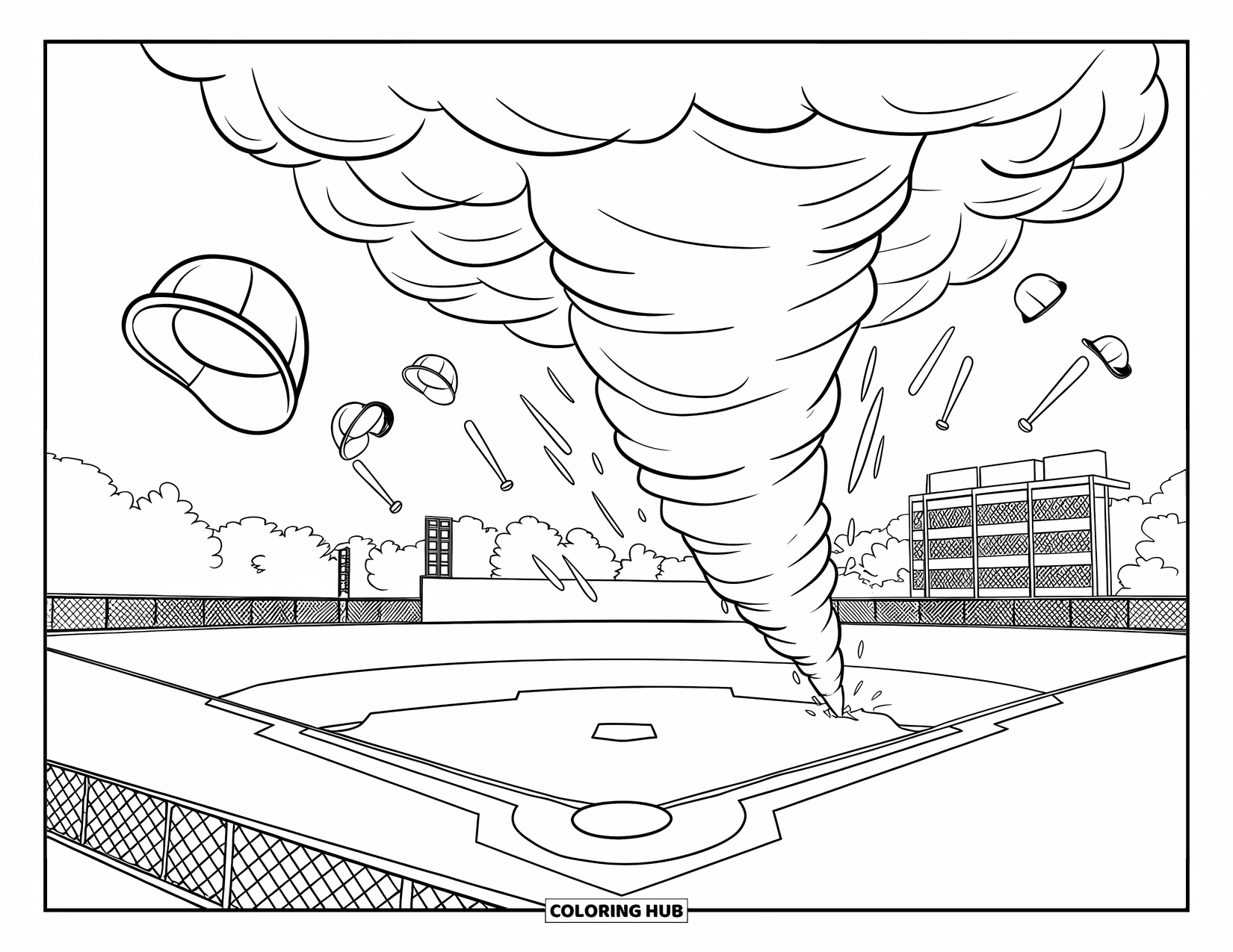 Tornado Coloring Page for Kids: Flying bats and caps swirl above a baseball field as a tornado touches down nearby