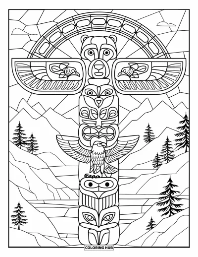 Totem målarbild för vuxna: En totemstolpe med björn, örn och lax står i glasmålningsbågar nära berg
