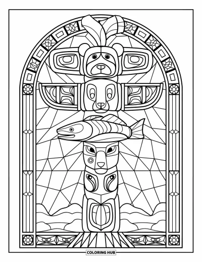 Totem målarbild för vuxna: En totemstolpe med björn, lax och fågel är inramad av glasmålningskanter