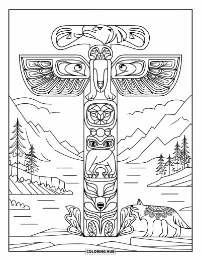 Totem målarbild för vuxna: En björn, lax, örn och varg på en totemstolpe vilar i florala mandalacirklar