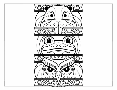 Totem målarbild för vuxna: En bäver, groda och ugglemasker staplas på en stolpe med ornamentala band