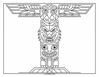Totem målarbild för vuxna: En stolpe med örn-, varg- och grodaansikten staplade symmetriskt på ett plant fundament