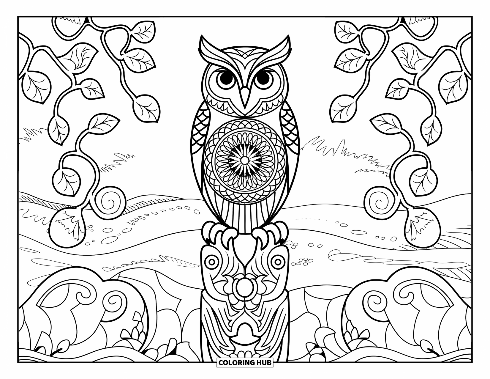 Totem Coloring Page for Adults: A tall owl totem rises among swirling vines and a patterned ground