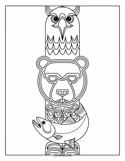 Totem målarbild för vuxna: En totemstolpe visar en örn, björn och lax staplade i djärv design