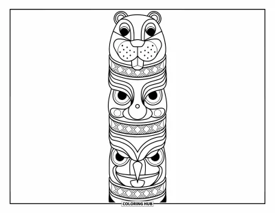 Totem målarbild för vuxna: En totemstolpe visar en bäver, groda och ugglemaske med ornamentala band