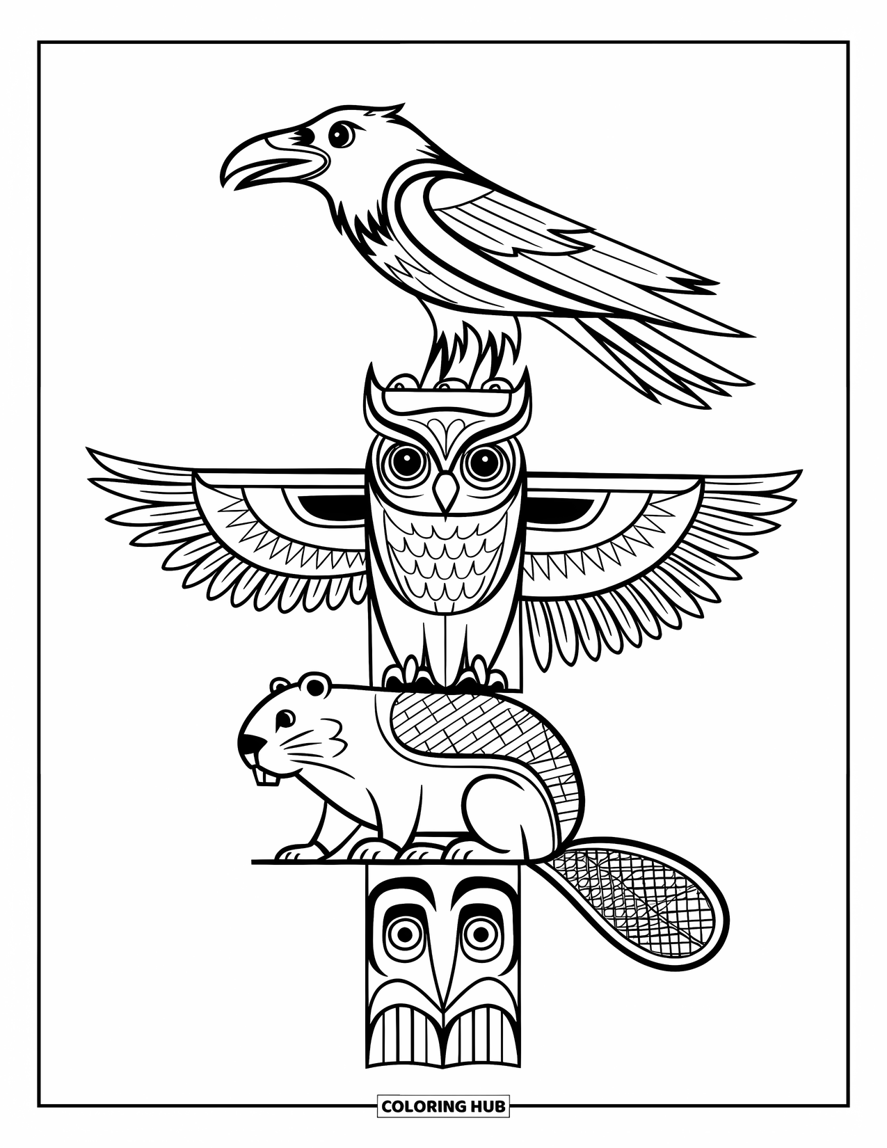 Totem Coloring Page for Adults: A totem pole shows a raven, owl, and beaver stacked vertically together