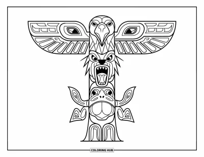 Totem målarbild för vuxna: En totemstolpe visar en örn, varg och groda med djärva sniderier