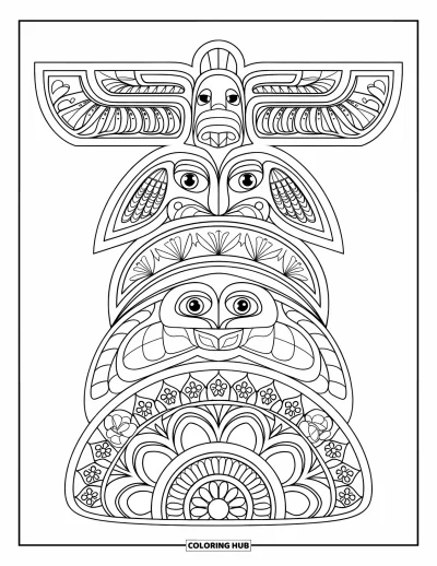 Totem målarbild för vuxna: En totemstolpe med djursniderier sitter inom florala mandalacirklar
