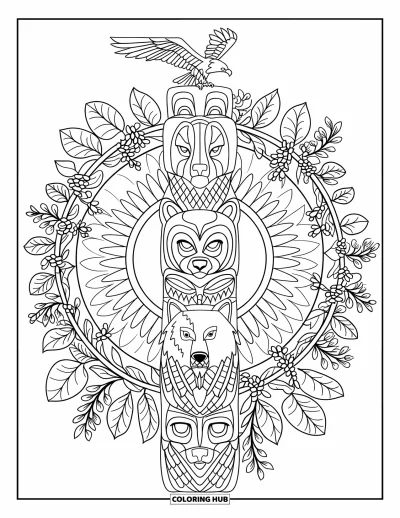 Totem målarbild för vuxna: En totemstolpe med staplade djur är inramad av löv, rankor och blommor