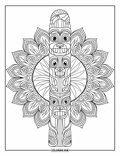 Totem målarbild för vuxna: En vertikal totemstolpe omges av en detaljrik botanisk mandala