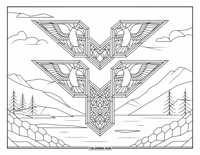 Totem målarbild för vuxna: Fyra korpar med utsträckta vingar vilar i glasmålningsramar ovanför ett stilla landskap