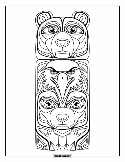 Totem målarbild för barn: En björn, örn och varg staplas som djärva ansikten på en totem